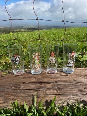 Set of 4 Ed Hardy By Christian Audigier Tall Cocktail Glasses 90s Skull Tiki